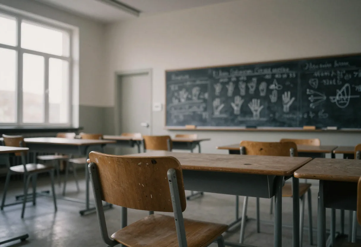 Salle de classe vide avec bureaux en bois et tableau noir portant des mains dessinées
