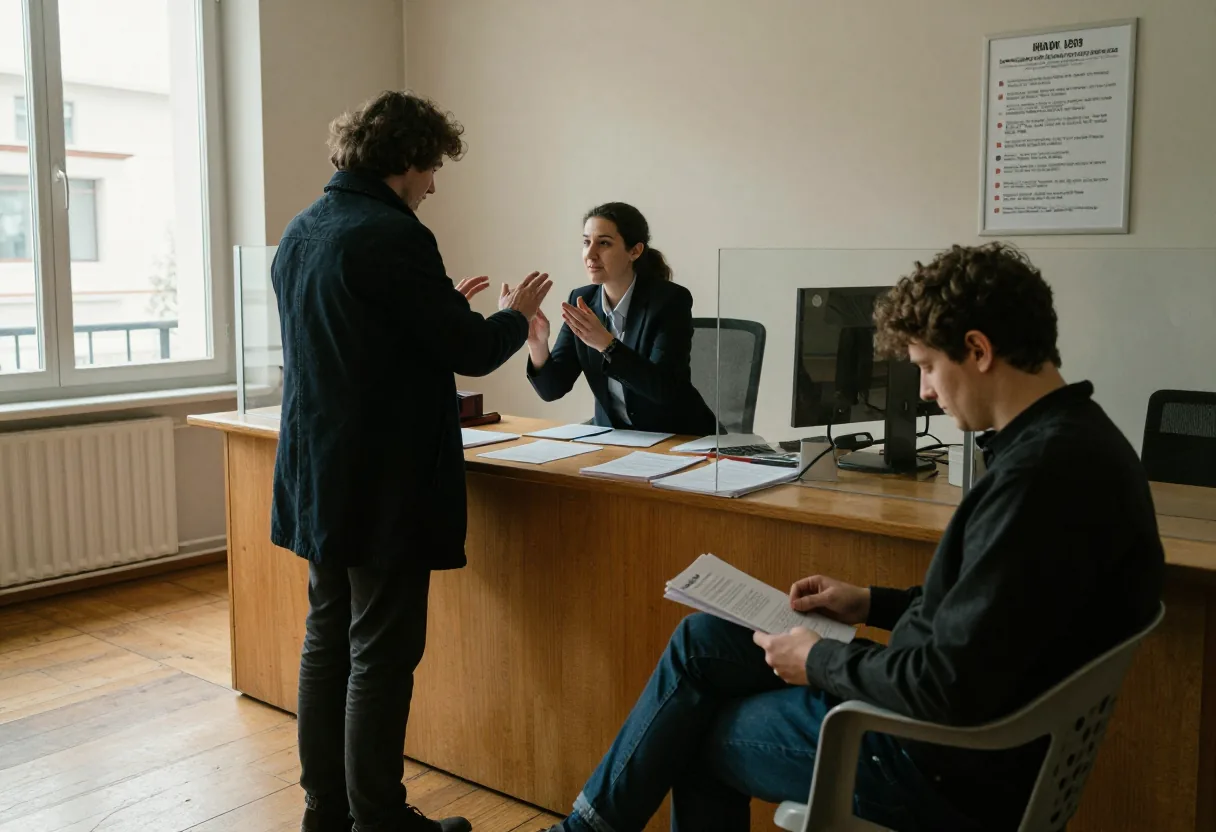 Un homme debout signe en langue des signes à une femme derrière un comptoir dans un bureau