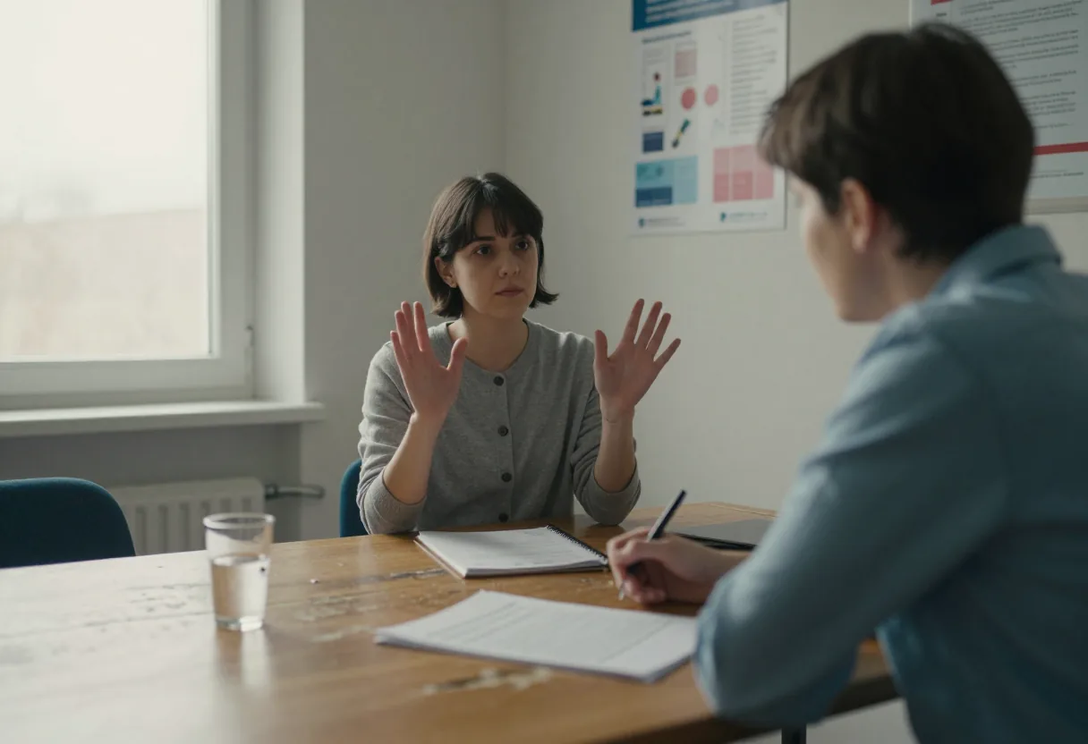 Femme assise à une table de bureau levant les mains ouvertes face à un homme