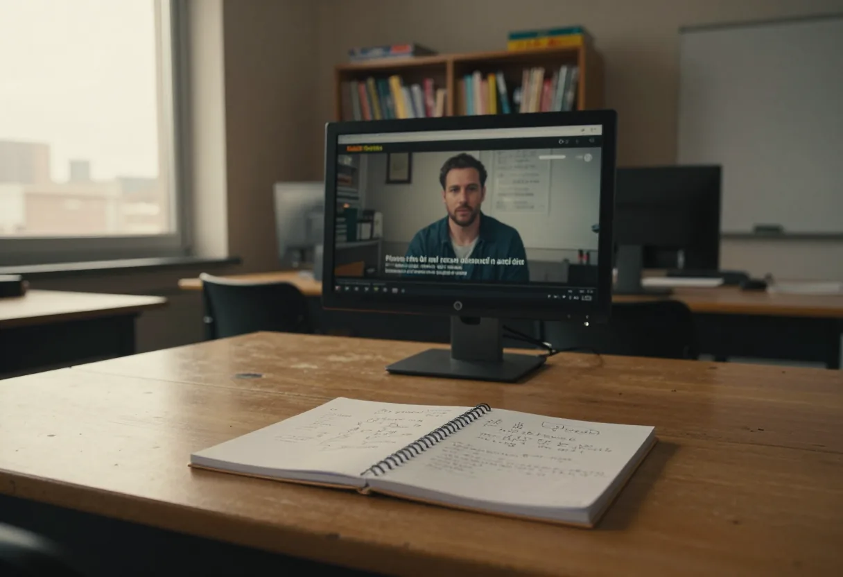 Écran affichant un homme avec sous-titres devant un carnet ouvert sur table en bois, étagère en arrière-plan