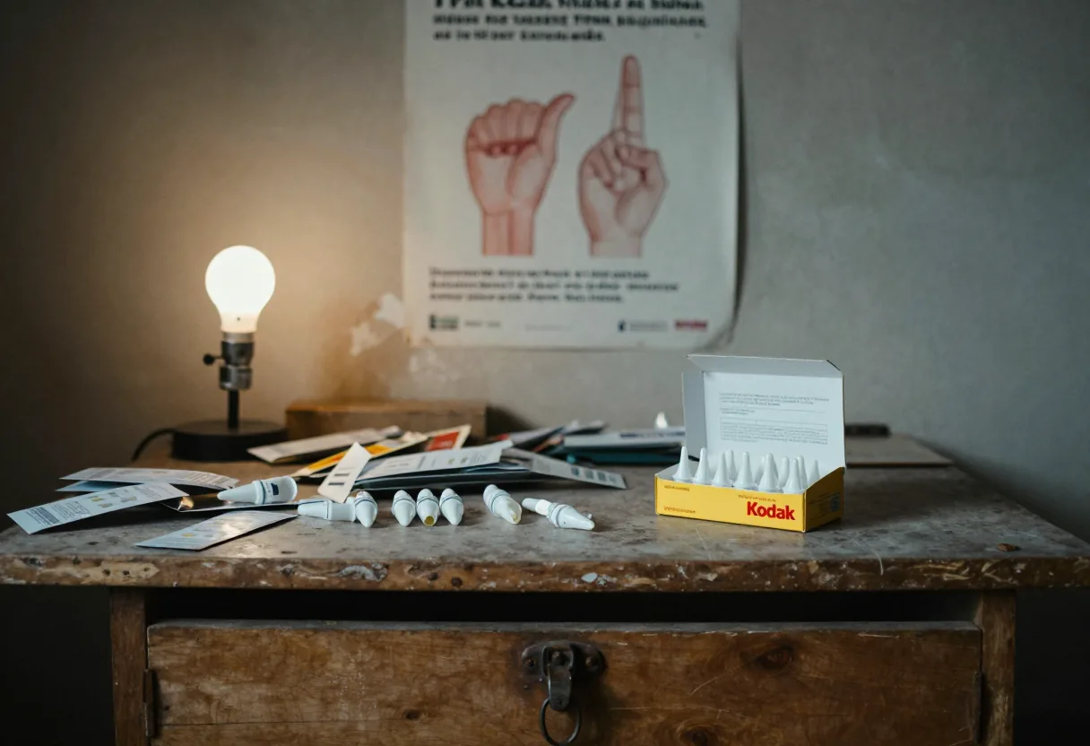 Ampoules LED blanches et boîte Kodak ouverte sur table en bois, lampe allumée et affiche de signes