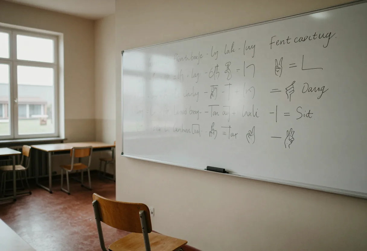 Salle de classe avec un tableau blanc portant des dessins de mains en langue des signes