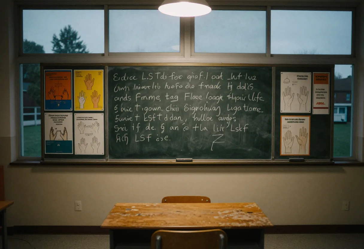 Tableau noir avec écriture à la craie et affiches de signes de mains dans une salle de classe
