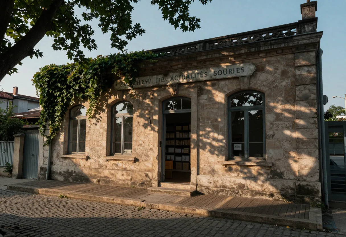 Petit bâtiment en pierre portant l'enseigne Archives des actualités sourdes, porte ouverte, lierre et rue pavée