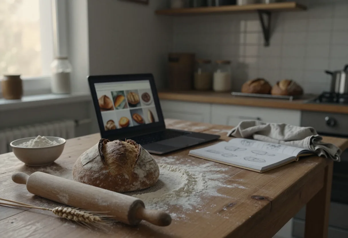 pain rond sur table en bois avec ordinateur portable rouleau à pâtisserie et farine dans une cuisine