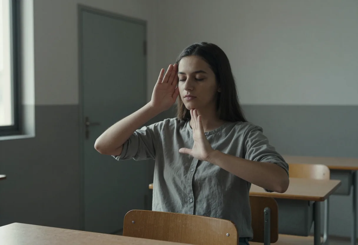 Jeune femme assise dans une salle de classe effectuant un geste de langue des signes