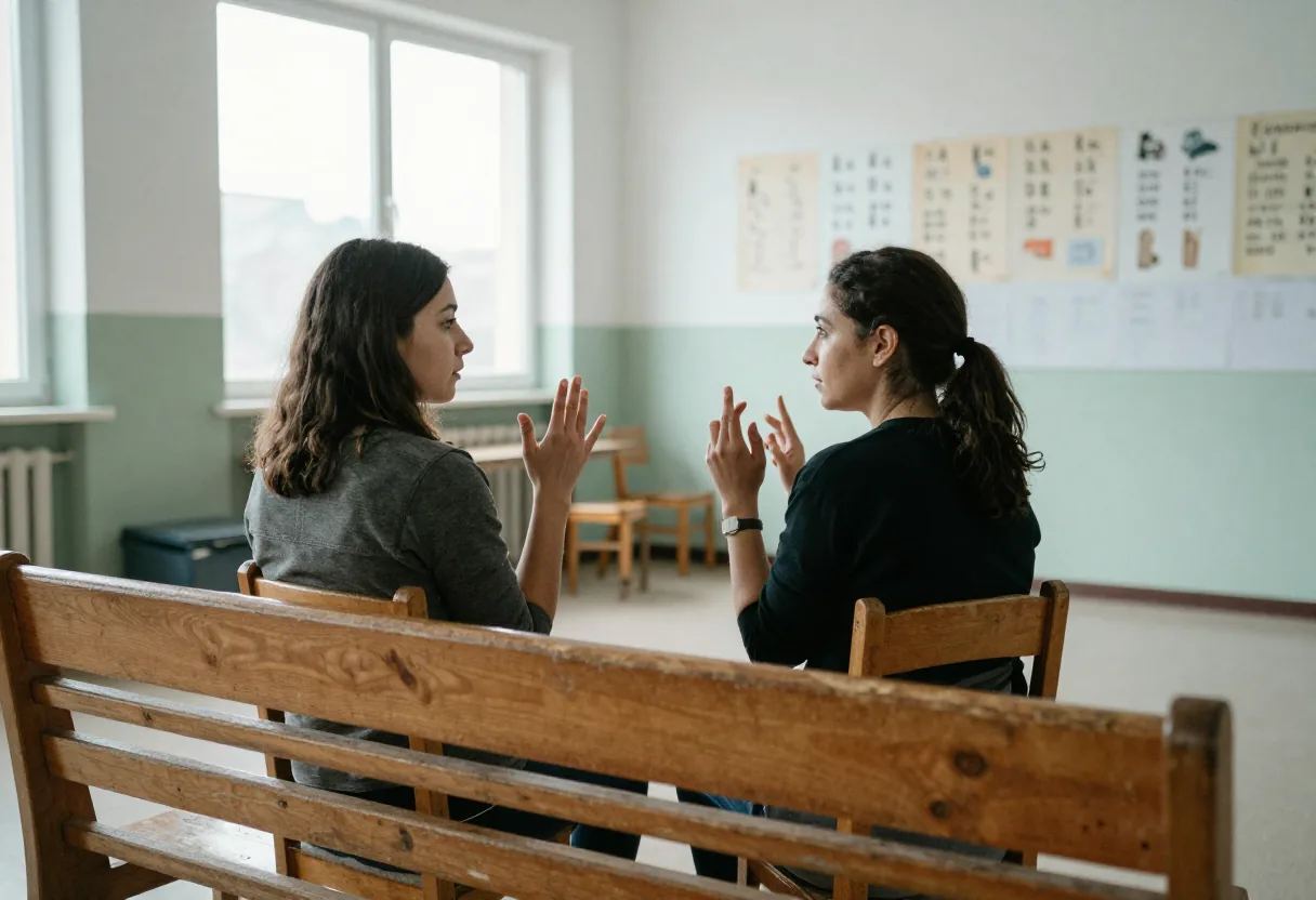 Deux femmes assises face à face communiquent par signes dans une salle