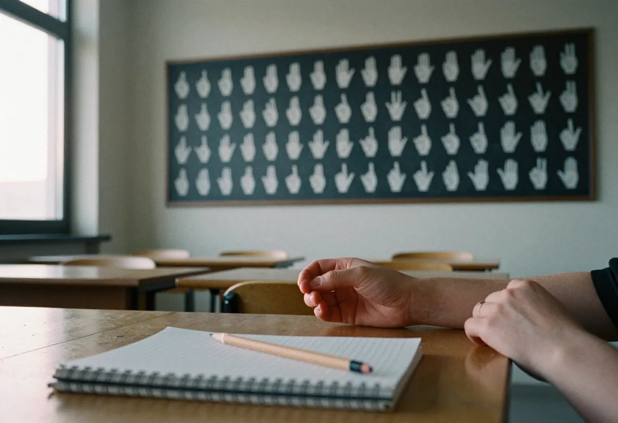 Mains en geste près d'un cahier dans une salle de classe, panneau de mains au mur