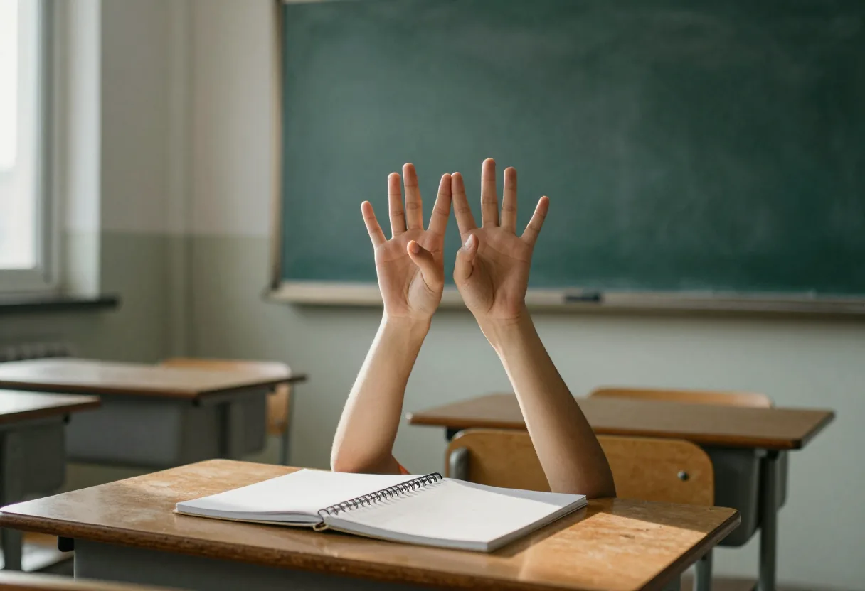 Deux mains levées formant un geste au-dessus d'un cahier ouvert dans une salle de classe