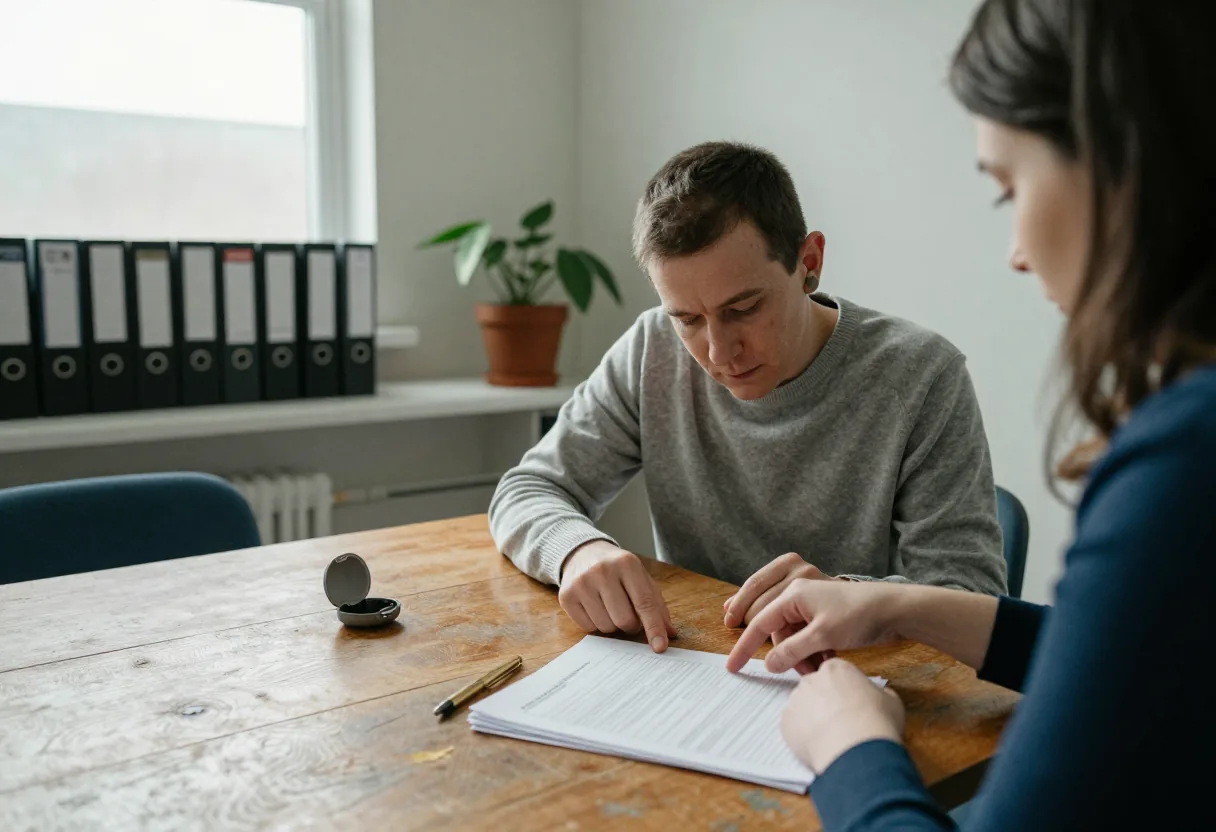 Un homme et une femme pointent des documents sur une table à côté d'un boîtier d'appareil auditif