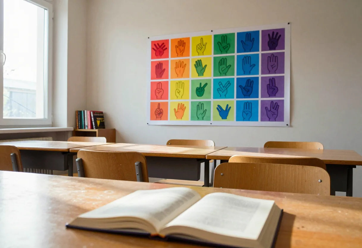 Salle de classe avec livre ouvert et affiche de signes de la langue des signes