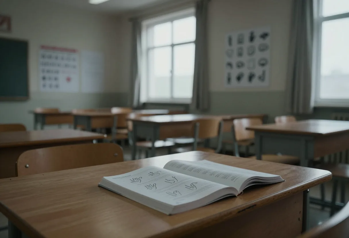 Livre ouvert aux dessins de mains posé sur un bureau dans une salle de classe vide