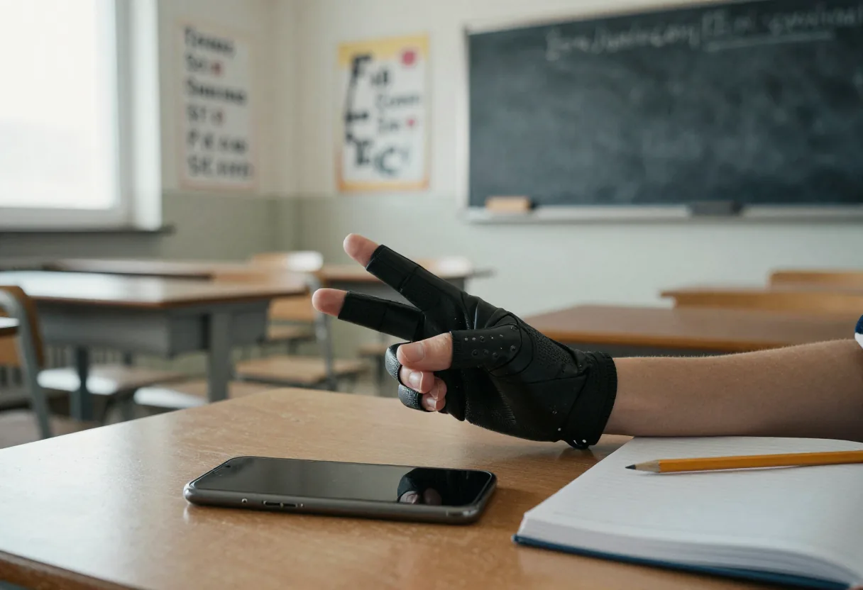 Main portant un gant noir faisant un geste au-dessus d'un téléphone sur un bureau de classe