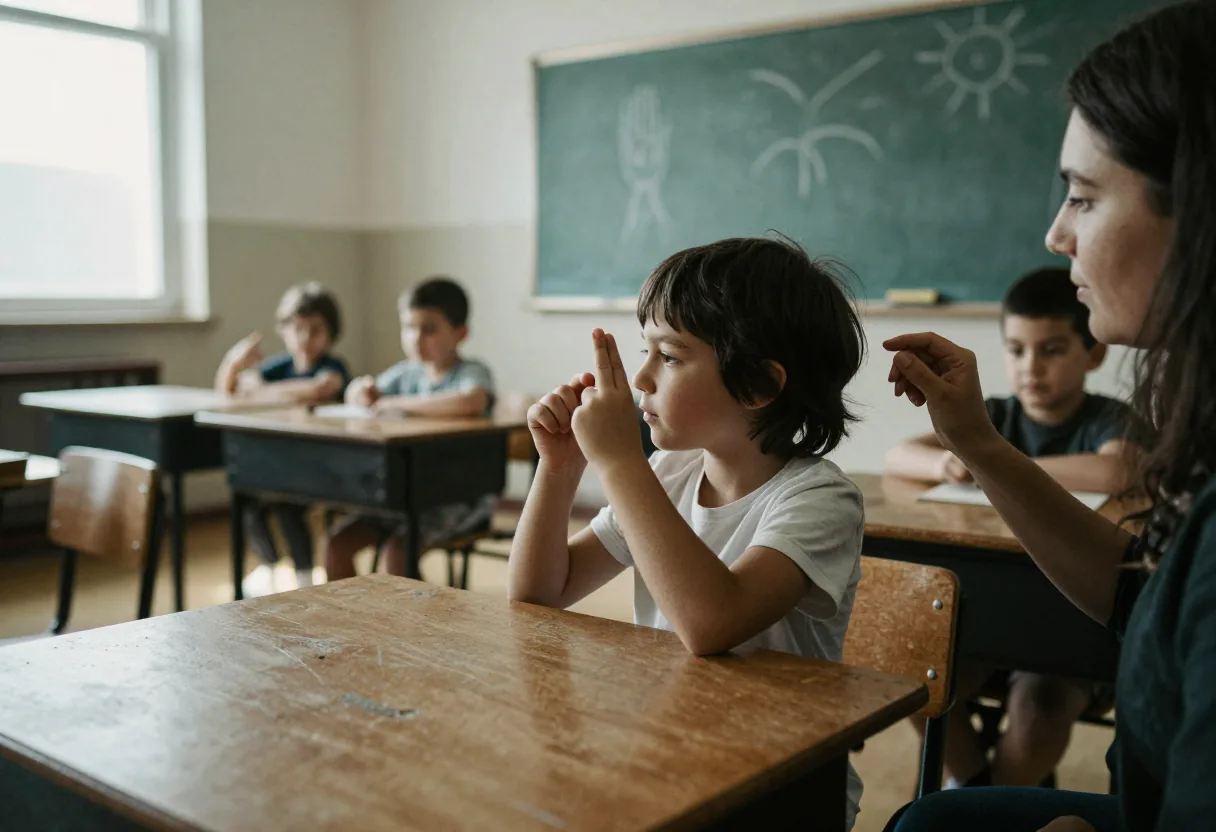 Enfant assis à un bureau en salle de classe faisant un geste de la main vers une femme