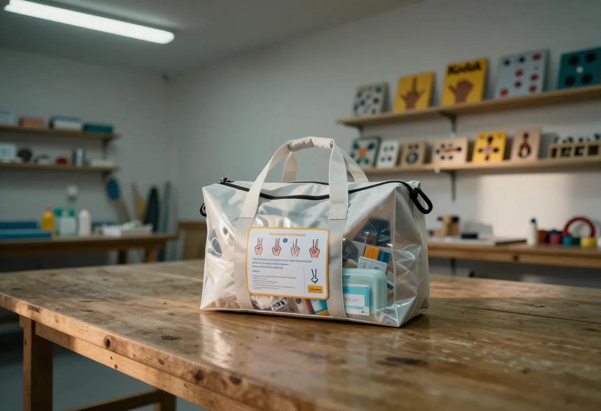 Une trousse transparente posée sur une table en bois, affichant des pictogrammes de langue des signes