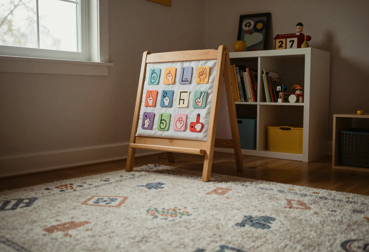 Chevalet en bois avec des cartes colorées montrant des gestes de la langue des signes dans une chambre
