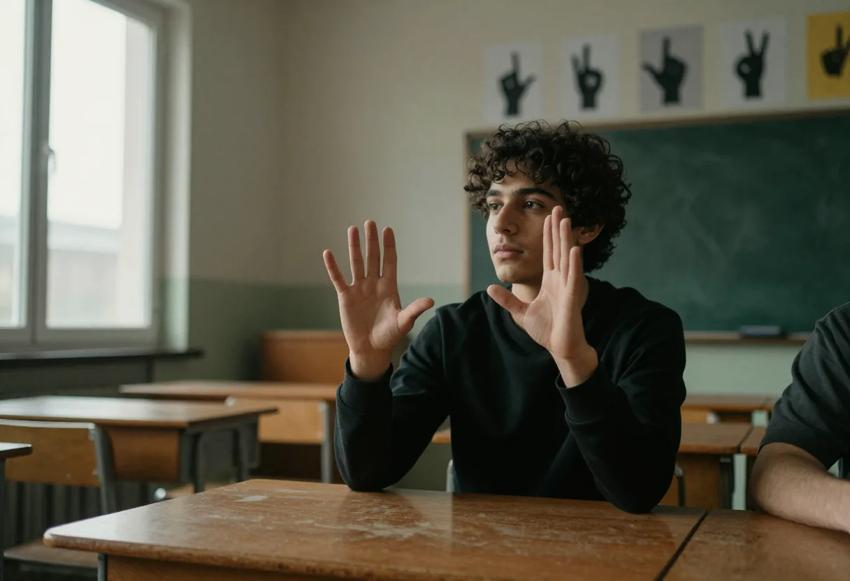 Jeune homme aux cheveux bouclés assis en classe, mains levées devant un tableau noir