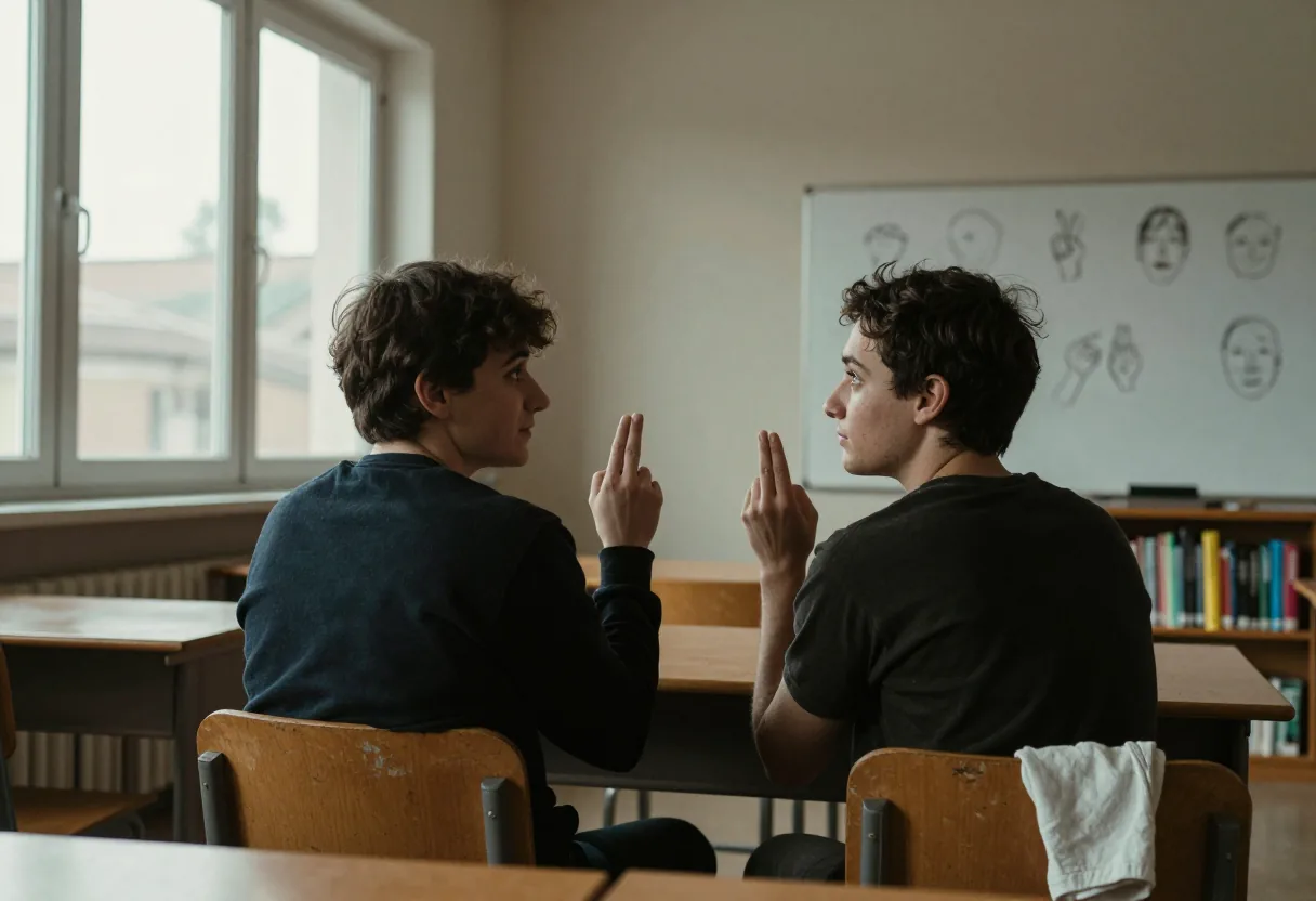 Deux jeunes hommes assis face à face en classe lèvent les mains devant un tableau
