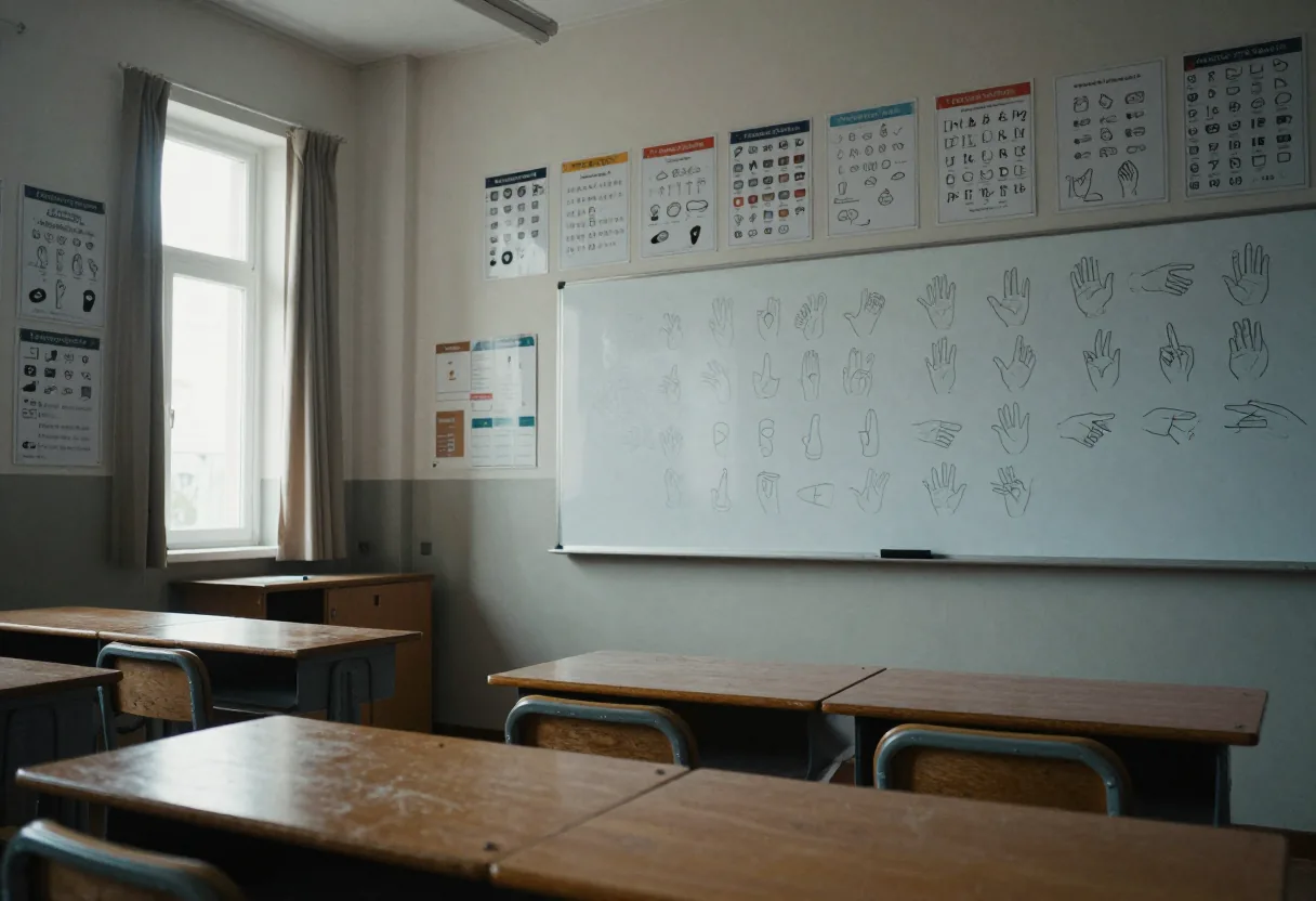 Salle de classe vide avec bureaux, chaises, tableau blanc et affiches illustrant des mains