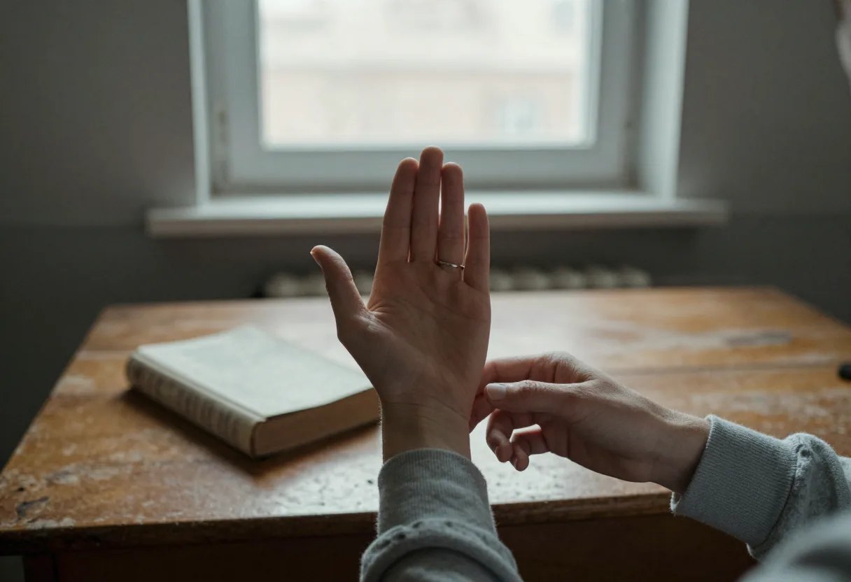 Main levée paume ouverte avec bague, une autre main touchant le poignet, livre sur table en bois