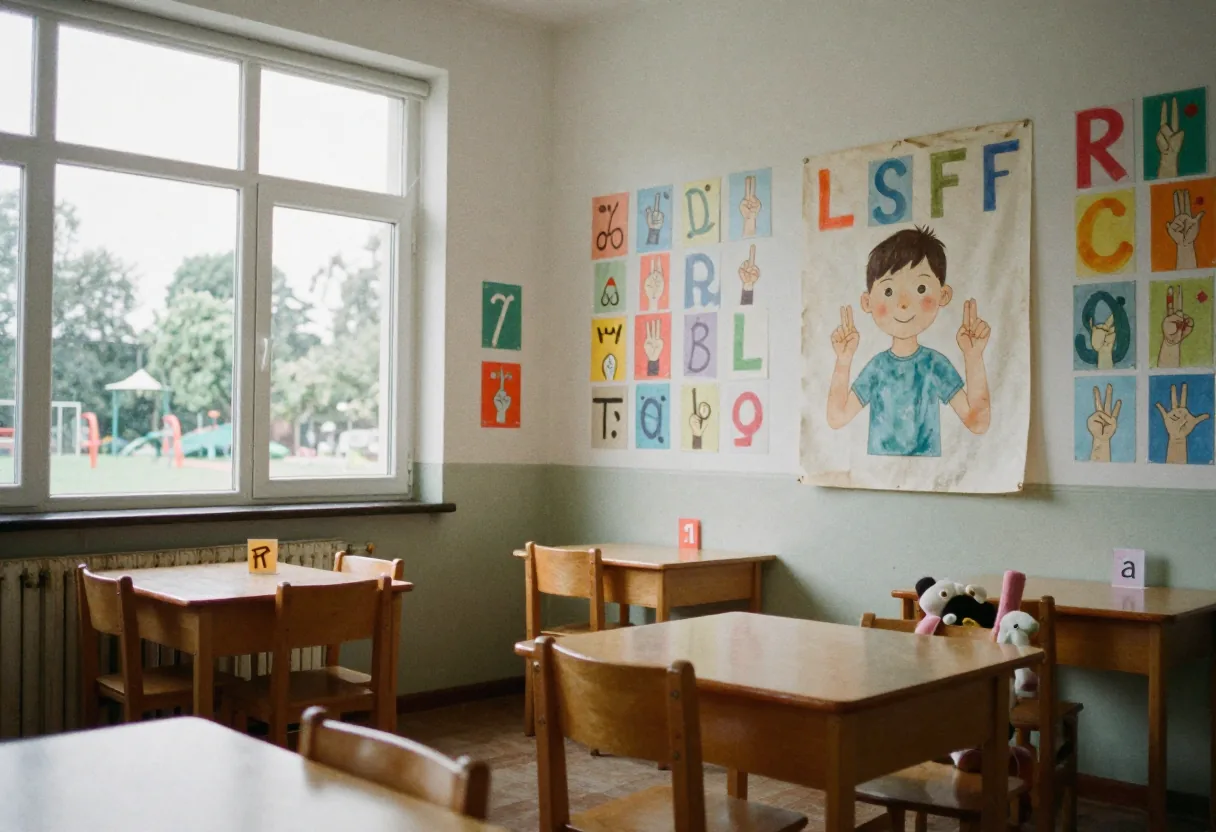 Salle de classe avec tables en bois et affiches de lettres et signes de la langue des signes