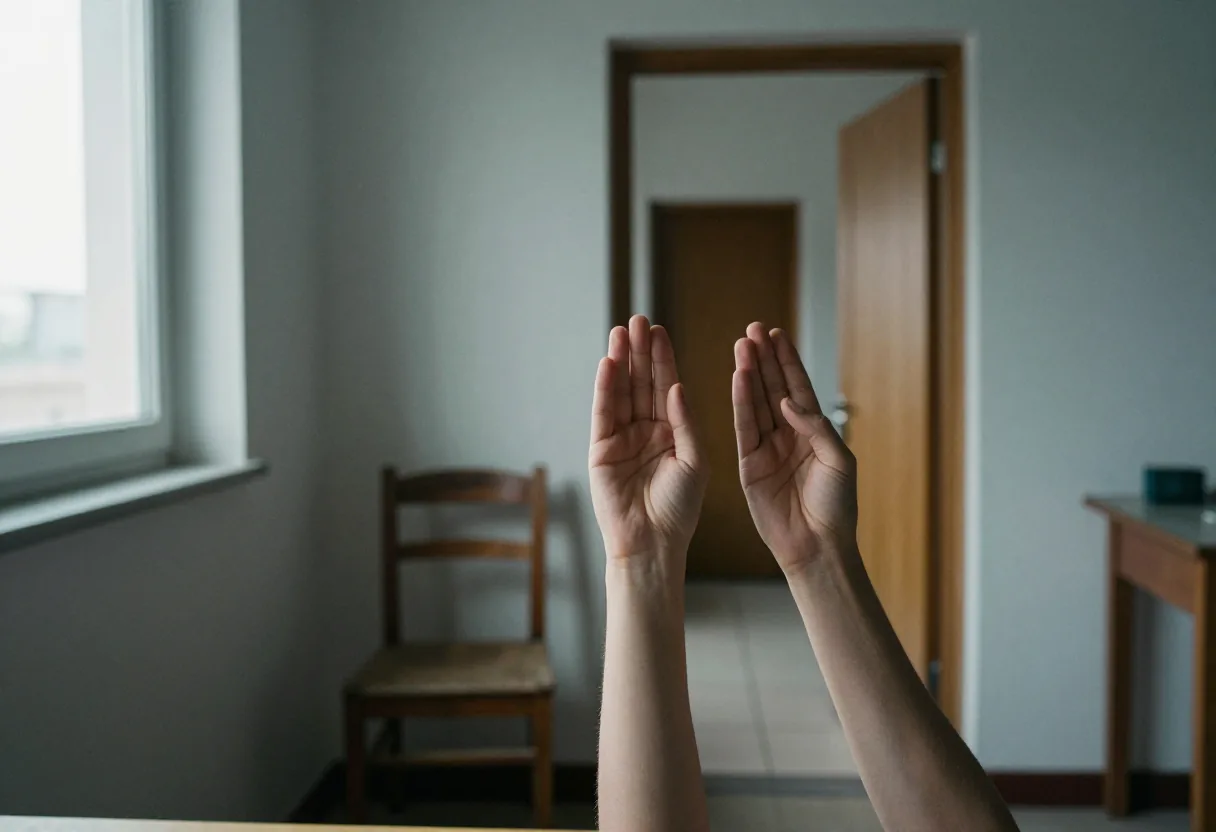 Deux mains levées paumes vers l'avant dans une pièce avec fenêtre, chaise et porte ouverte