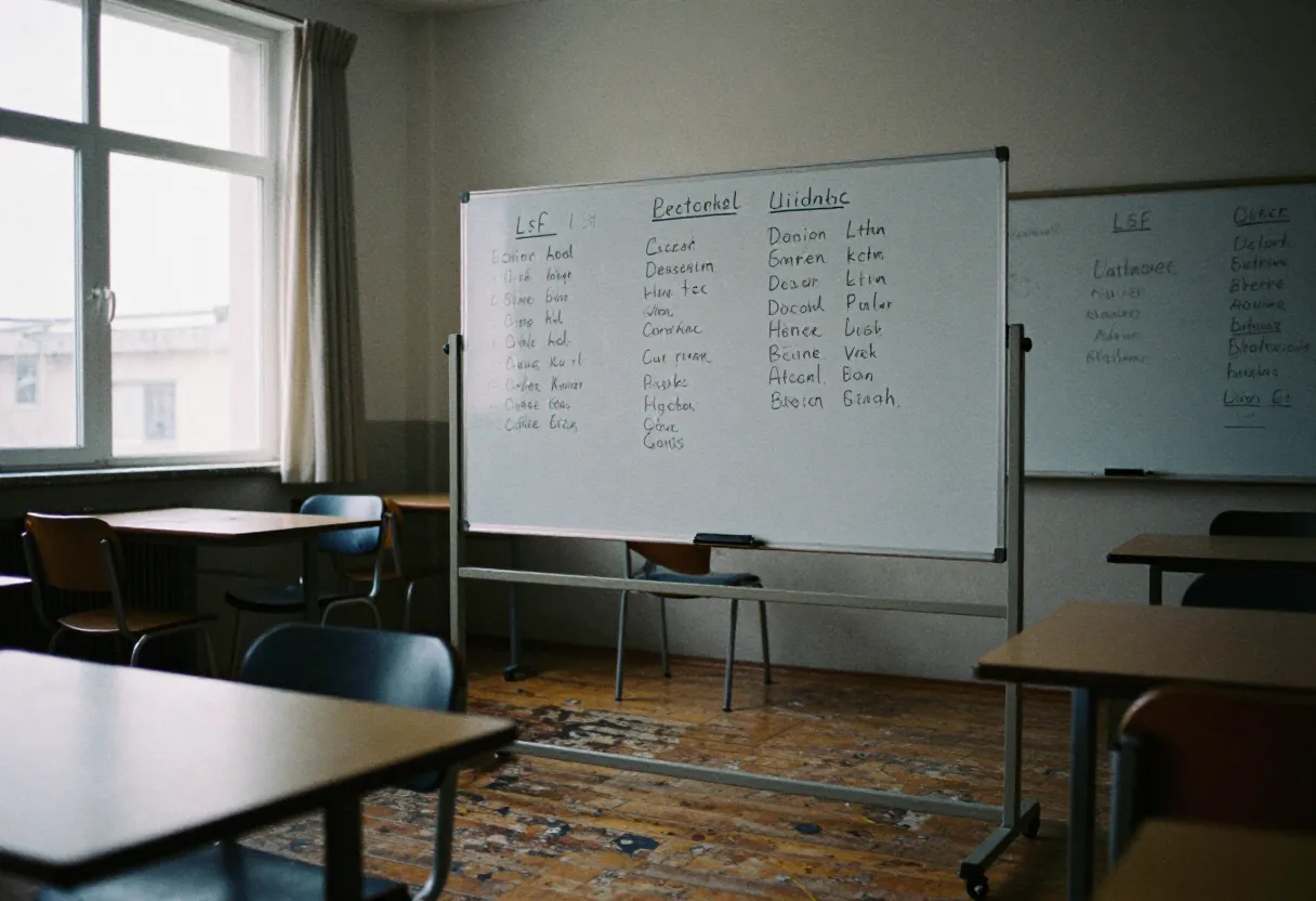 Salle de classe avec un tableau blanc mobile portant des mots manuscrits, des bureaux et des chaises