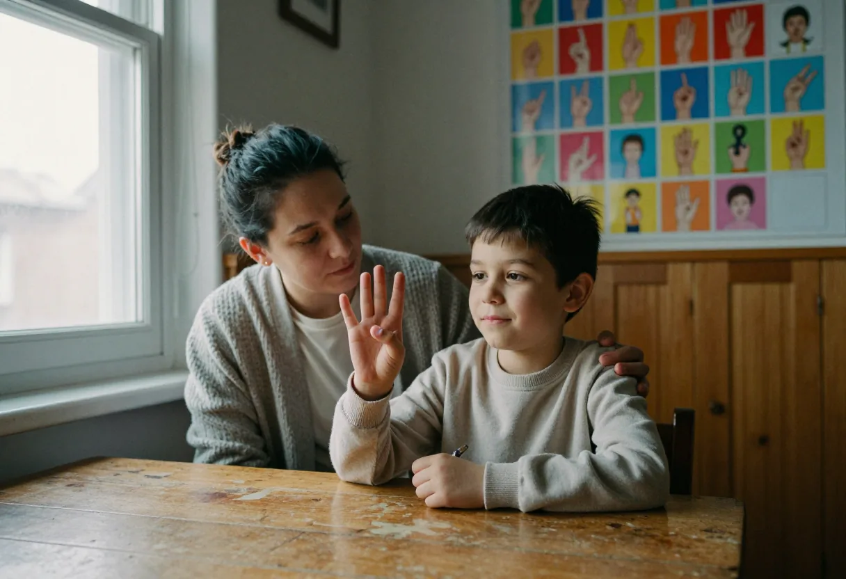Une femme et un garçon assis à une table, le garçon levant la main en langue des signes