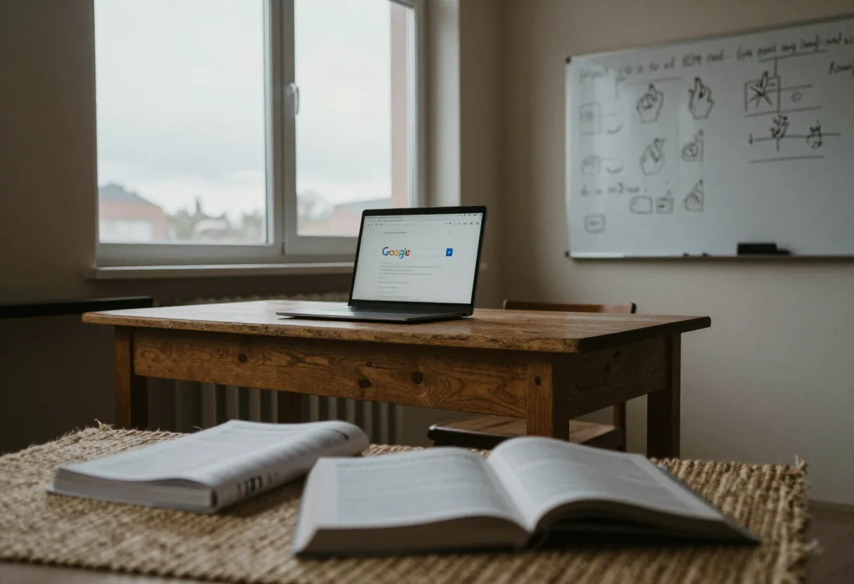Ordinateur portable affichant Google sur table en bois, livres ouverts et tableau blanc avec dessins de mains