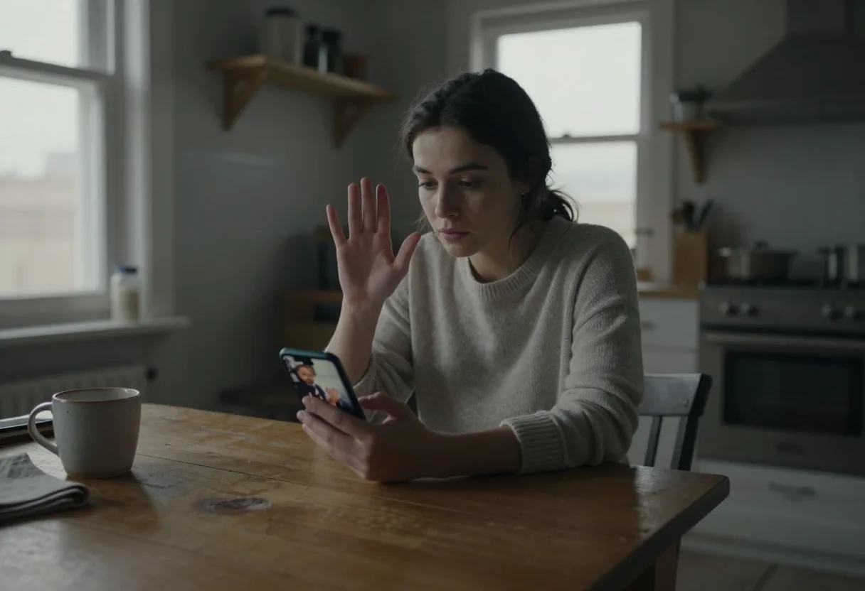 Femme assise à une table en cuisine levant la main en signe devant son téléphone