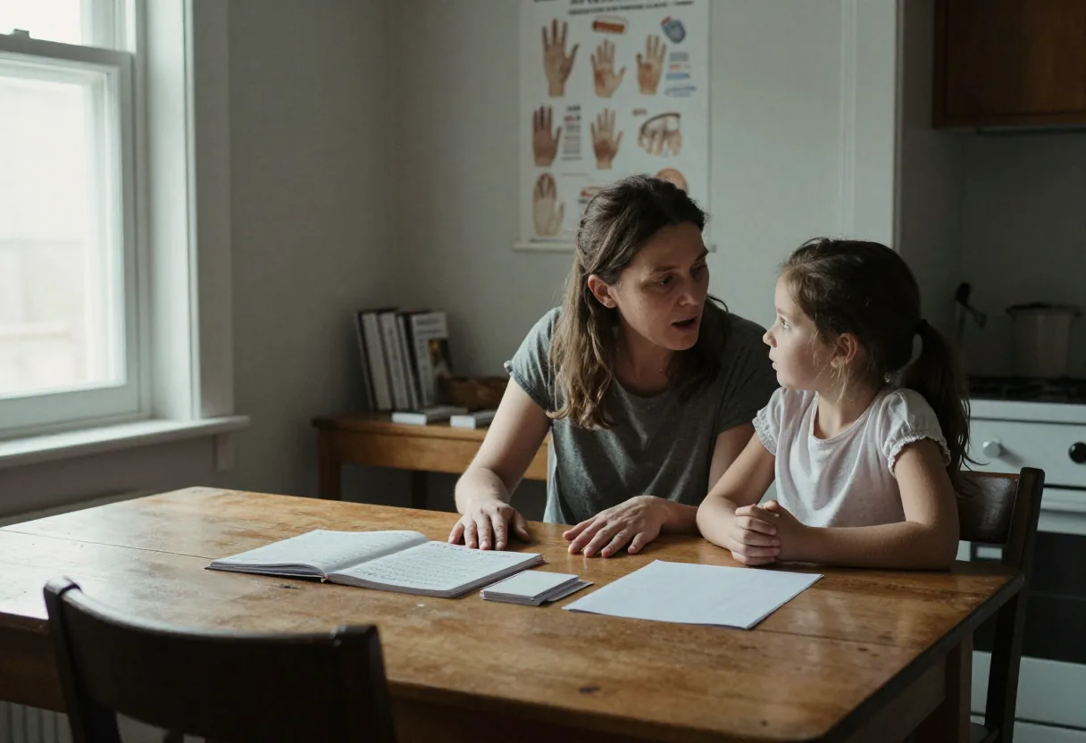 Une femme et une fille assises à une table avec cahier ouvert et poster de mains au mur