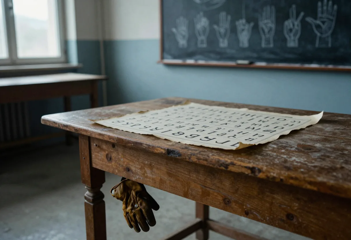 Table en bois avec papier écrit posé, gants en cuir suspendus et tableau noir aux mains