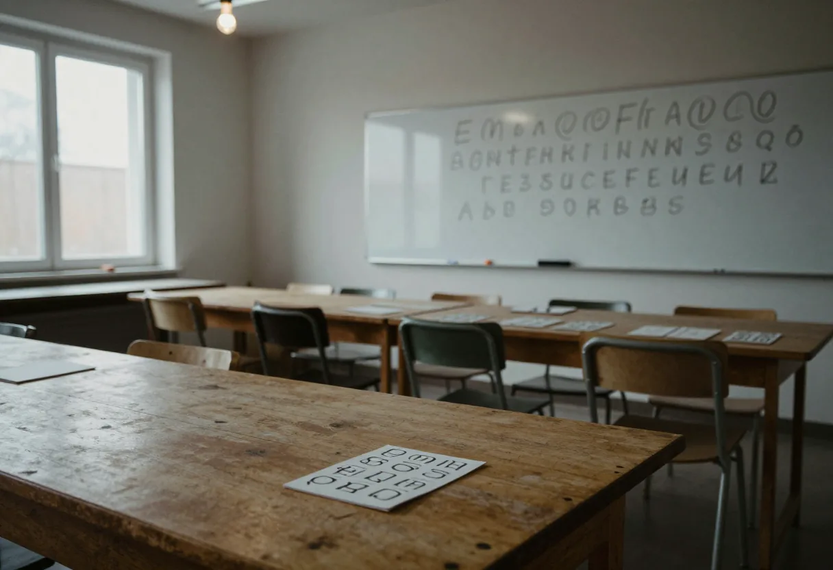 Salle de classe avec des bureaux en bois, des chaises et un tableau blanc portant des lettres