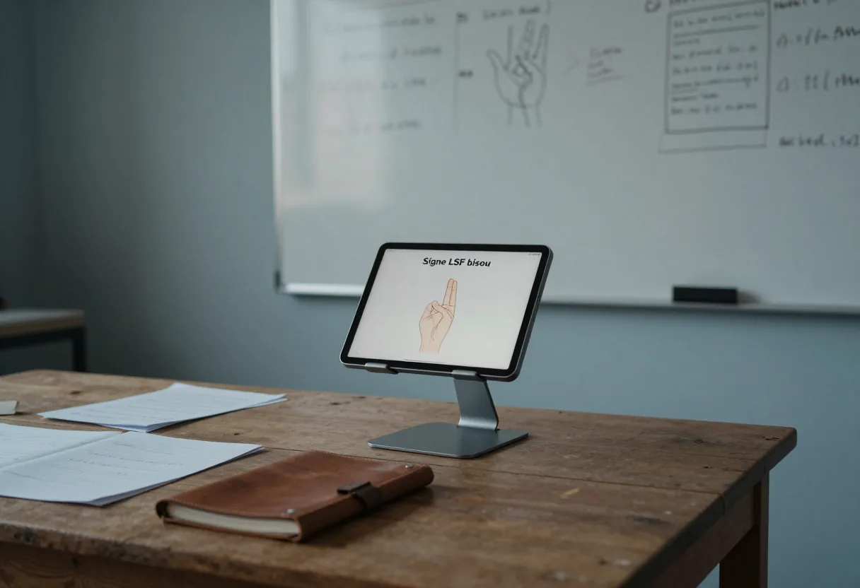 Tablette sur support montrant un geste de la main sur une table en bois devant un tableau blanc