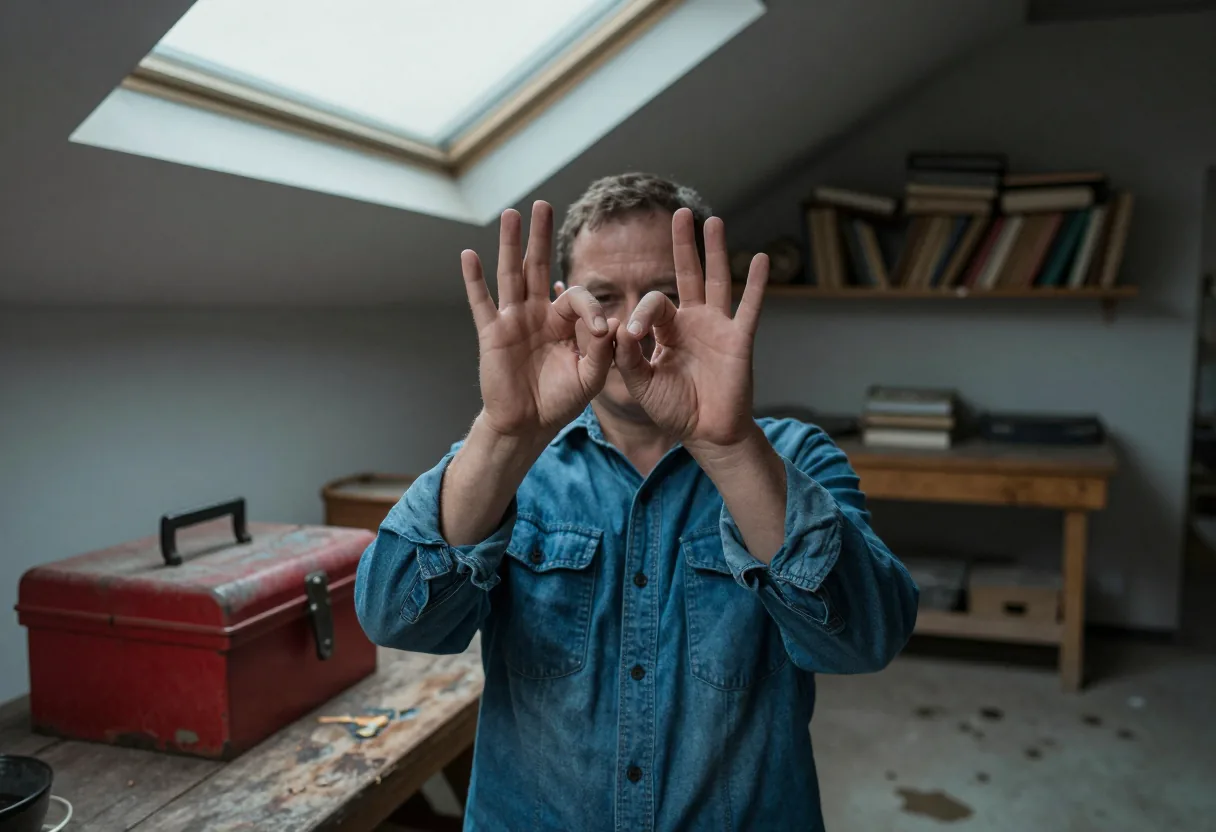 Homme en chemise bleue formant un signe avec les mains devant son visage sous une lucarne
