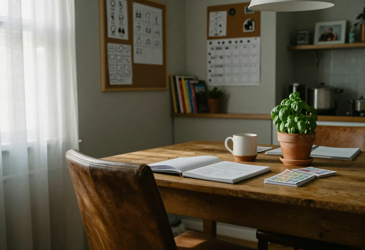 Table en bois avec carnet ouvert, tasse, plante verte en pot et chaise en cuir