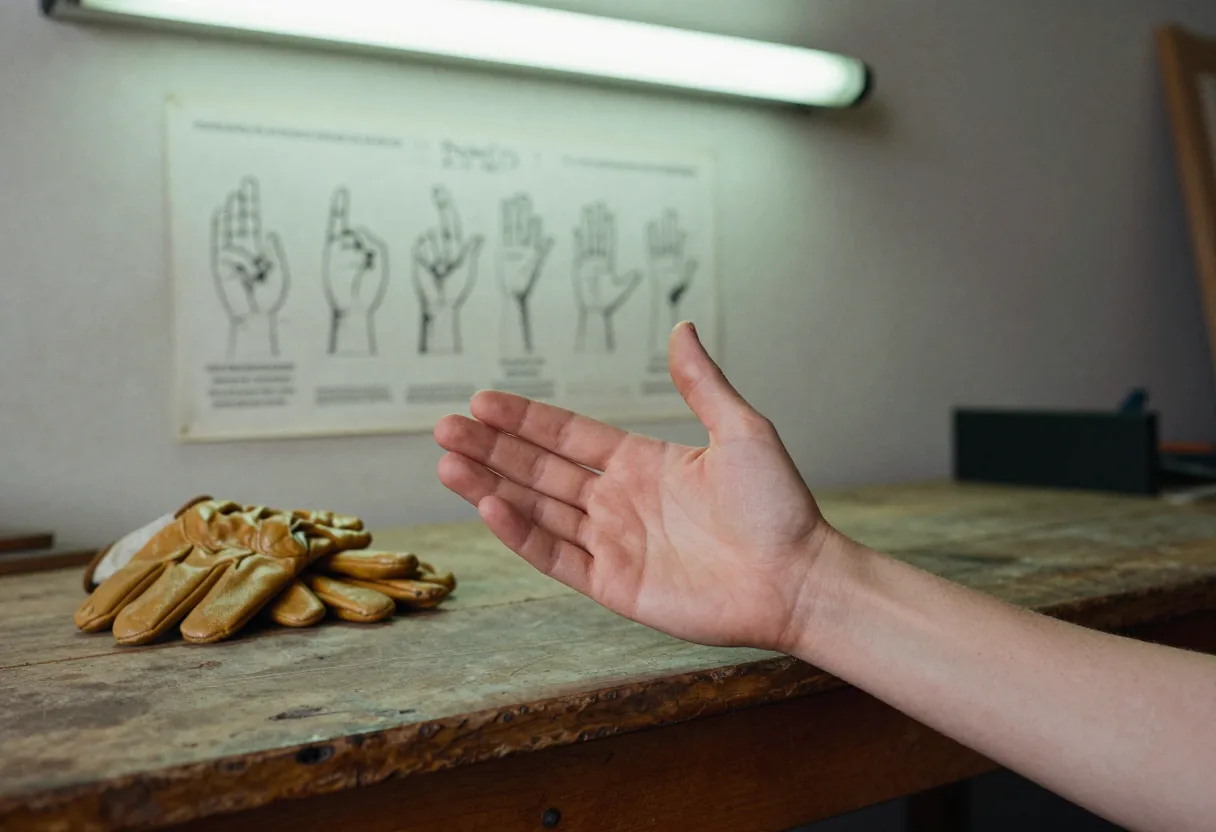 Main ouverte tendue au-dessus d'une table en bois avec des gants en cuir et une affiche de mains