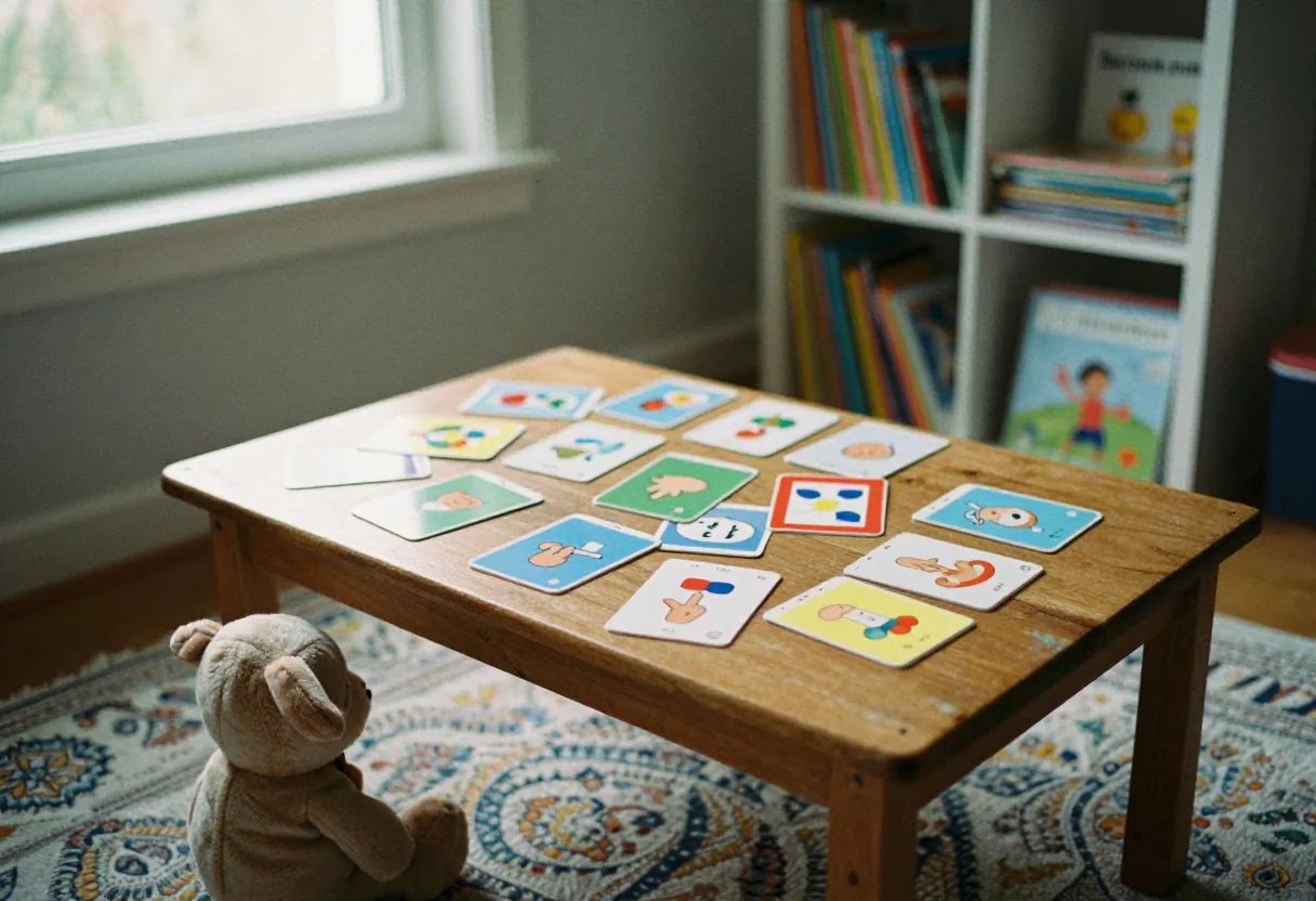 Peluche assise sur tapis devant table en bois avec cartes de signes et bibliotheque
