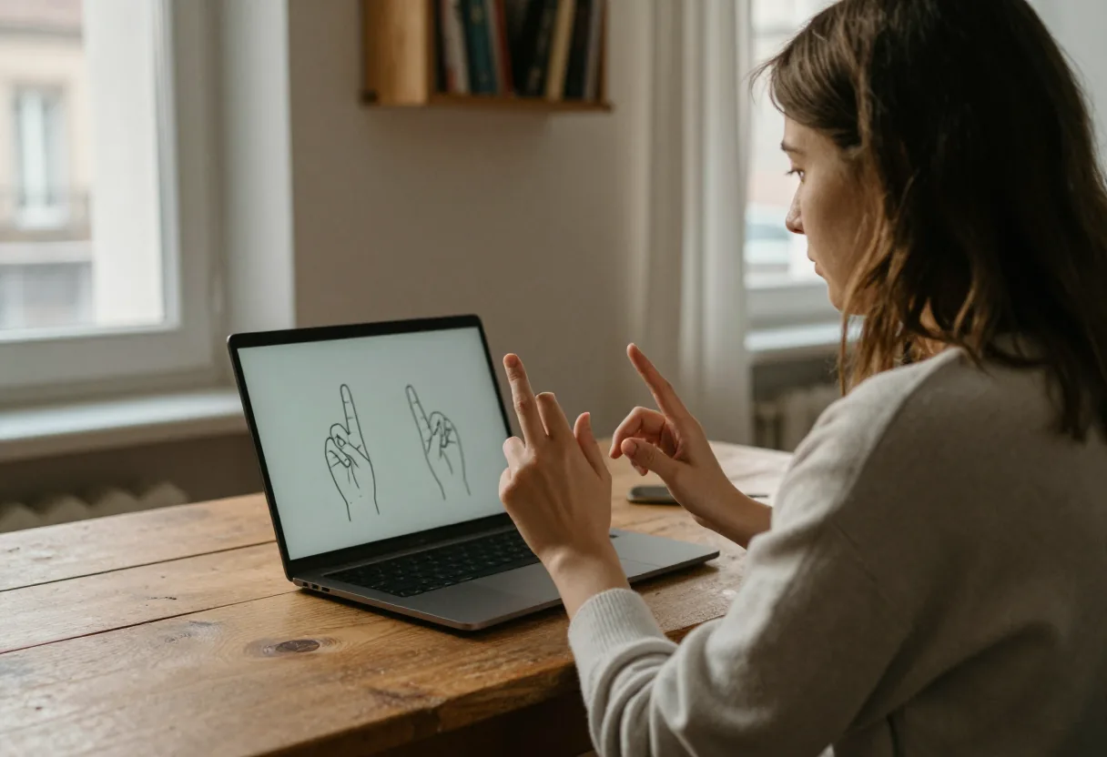 Femme imitant un geste de langue des signes devant un ordinateur portable affichant des dessins de mains