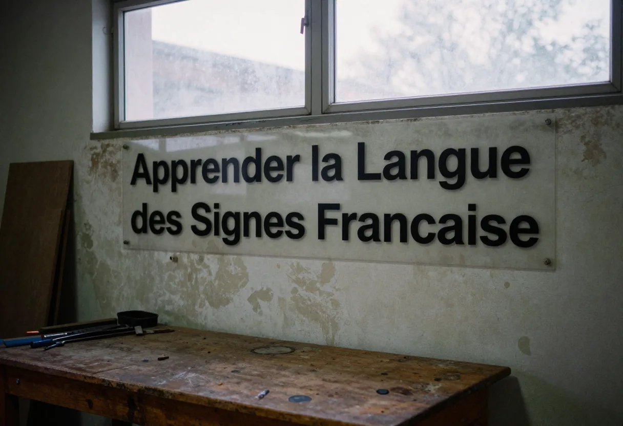 Panneau transparent affichant le texte Apprendre la Langue des Signes Française au-dessus d'une table en bois usée