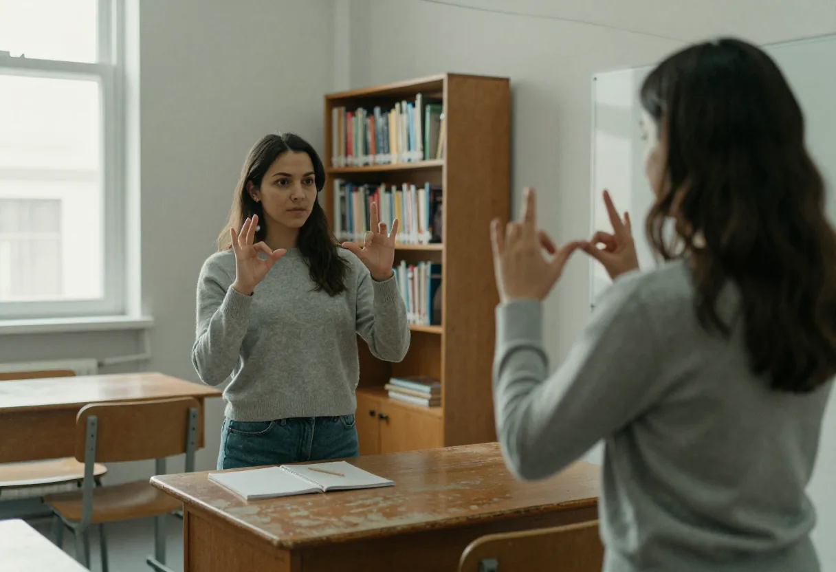 Deux femmes font des signes de la langue des signes dans une salle de classe avec bureau