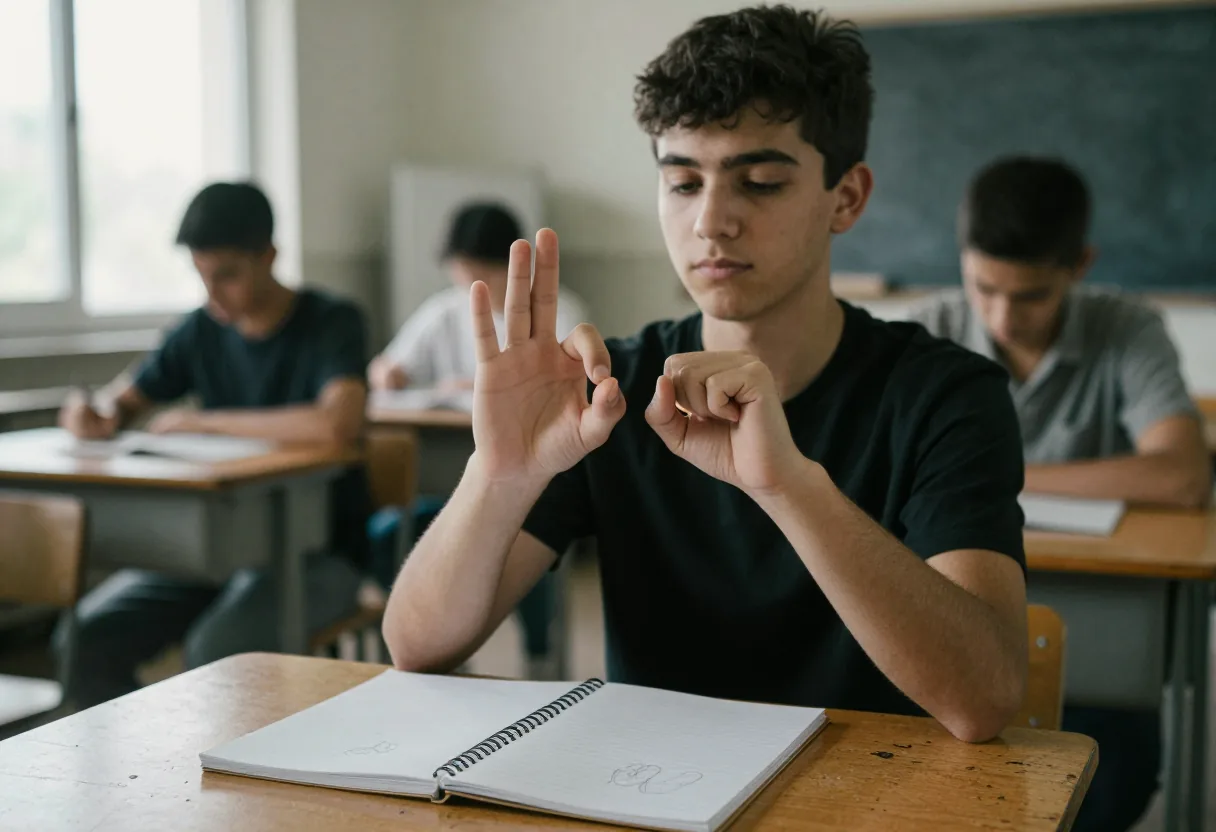 En classe, jeune homme assis à un bureau devant un cahier faisant un geste de langue des signes