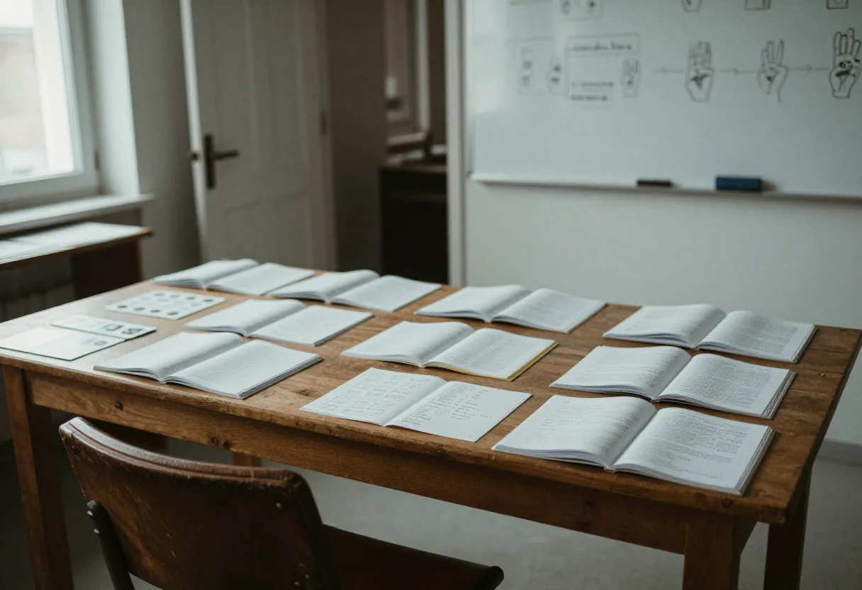 Livres ouverts sur table en bois dans salle de classe devant tableau blanc aux mains dessinées