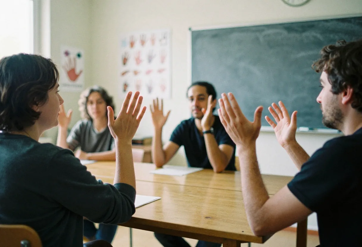 Trois personnes assises autour d'une table de bois gesticulent avec les mains dans une salle de classe